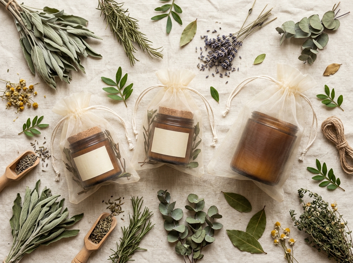 Velas ecológicas BIO ART en bolsas de organza con elementos naturales