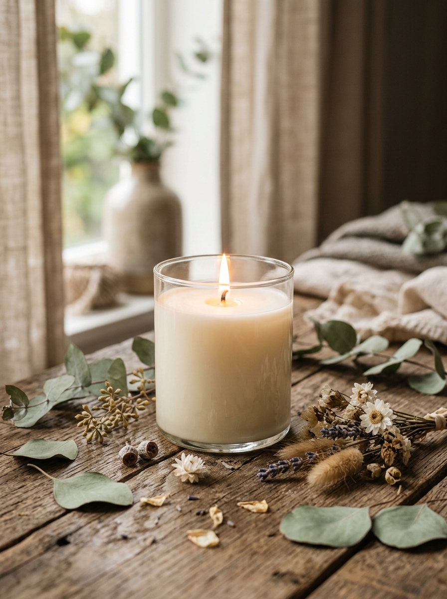 Vela ecológica de soya BIO ART encendida sobre madera natural